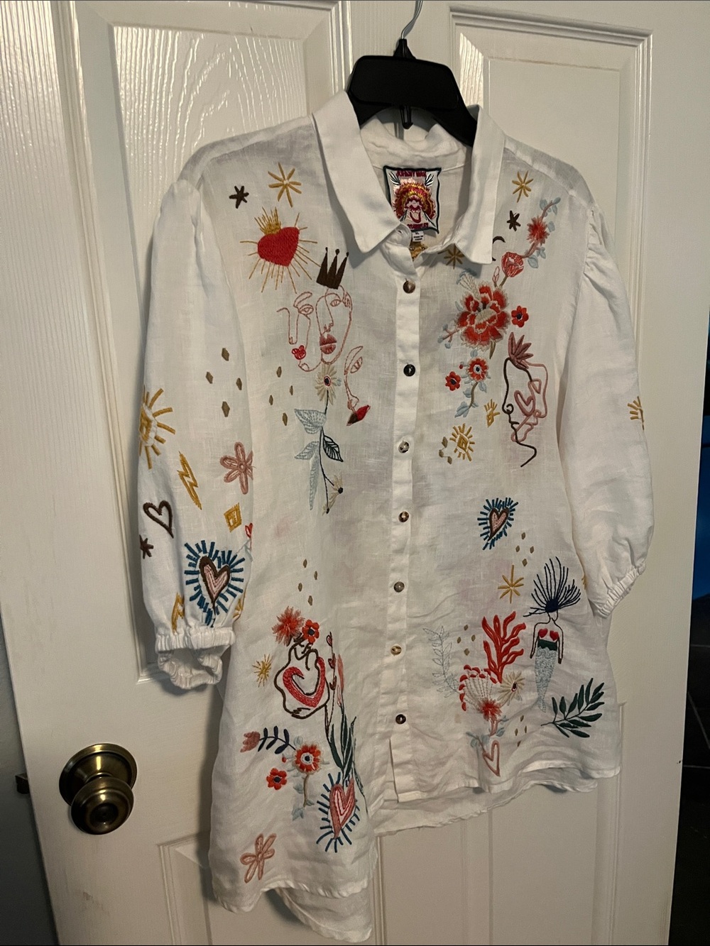 Johnny Was Embroidered White Linen- Button-Up Shirt